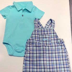 Carter’s NWOT 2 piece plaid overall short set  12M